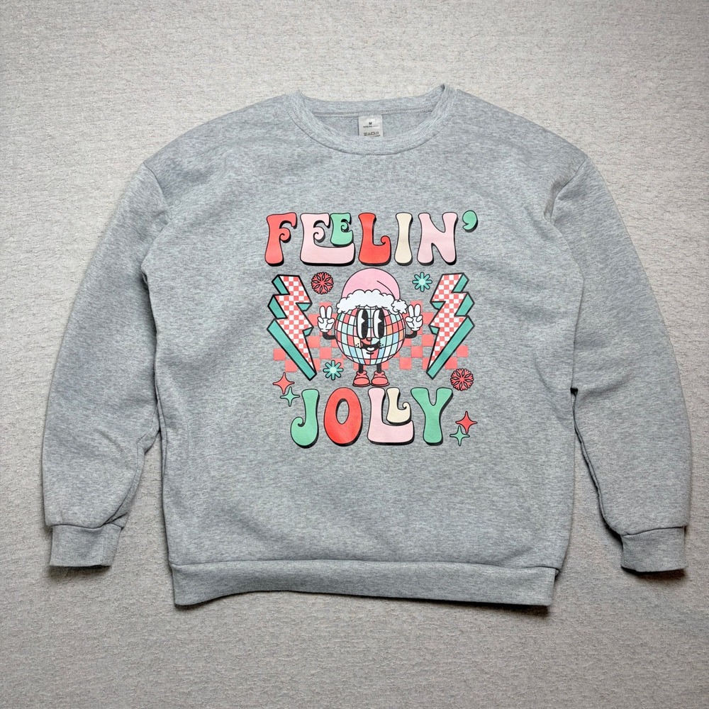 Womens Sweatshirt Medium Gray Feelin Jolly Retro Disco Ball Christmas